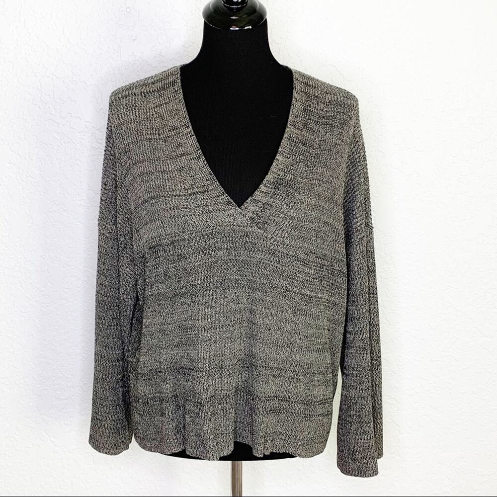 Eileen‎ Fisher black tan marled deep v neck knit sweater size Medium